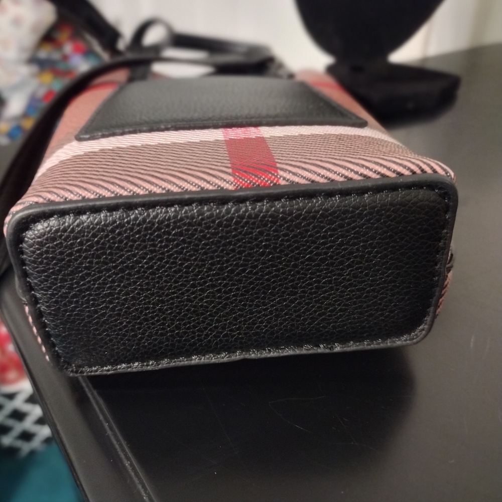 Plaid Vertical Crossbody Bag with Black Trim - Pink/Brown - Picture 7 of 8